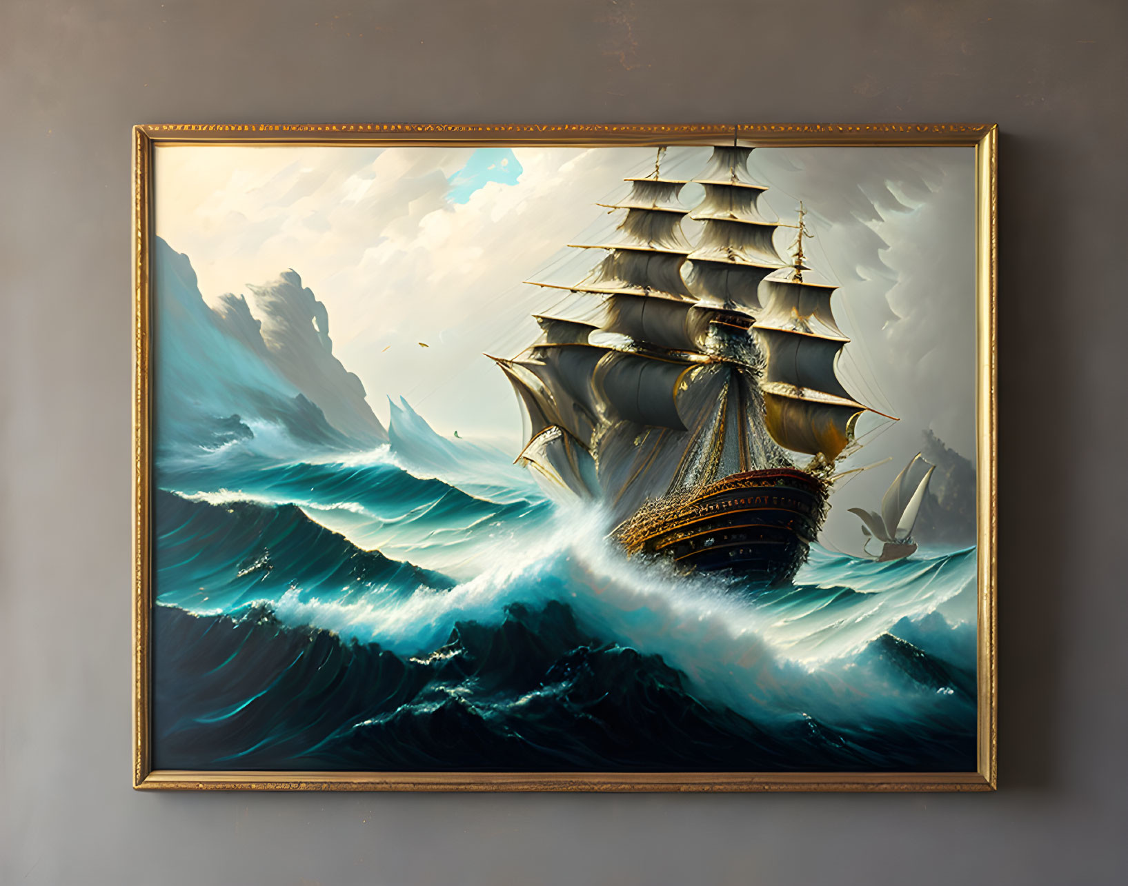 Majestic sailing ship battling stormy sea waves in golden frame