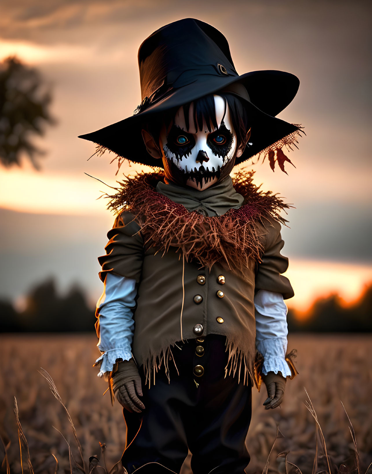 Scarecrow costume with painted skull face in field at sunset