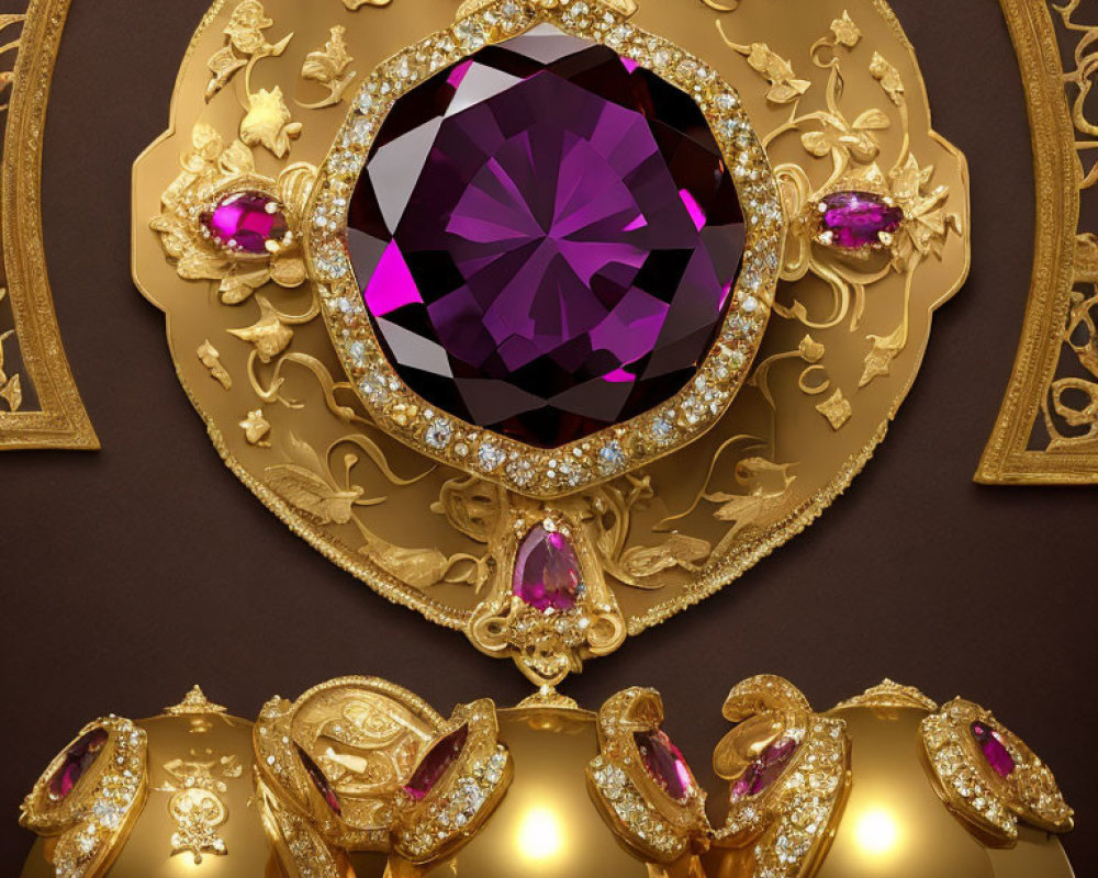 Golden Brooch with Purple Gemstone and Diamonds on Luxurious Background