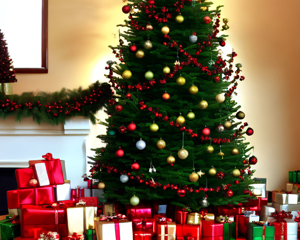 Festive Christmas tree with lights, ornaments, and gifts in cozy room