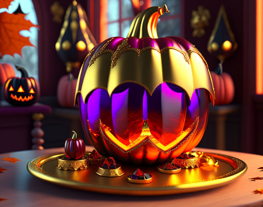 Colorful Pumpkin on Plate with Candies in Halloween Setting