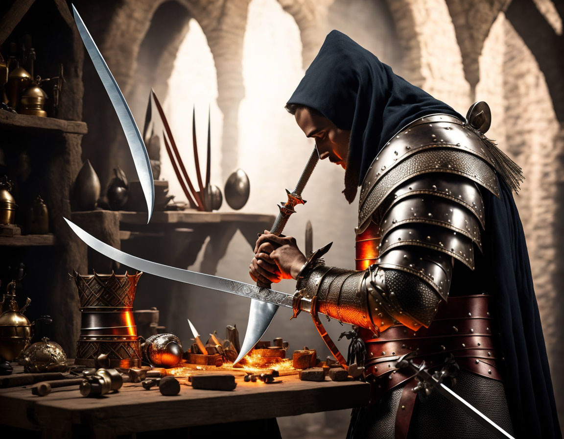 Medieval knight forging sword in candlelit smithy