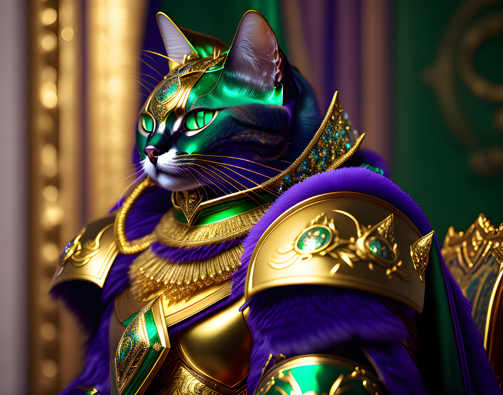 Majestic cat in golden armor with emerald accents on regal backdrop