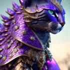 Regal cat digital art: blue-eyed feline in purple cape with gold collar