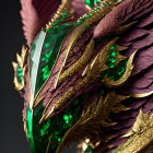 Luxurious Green Gemstone with Golden Accents and Purple Feathers