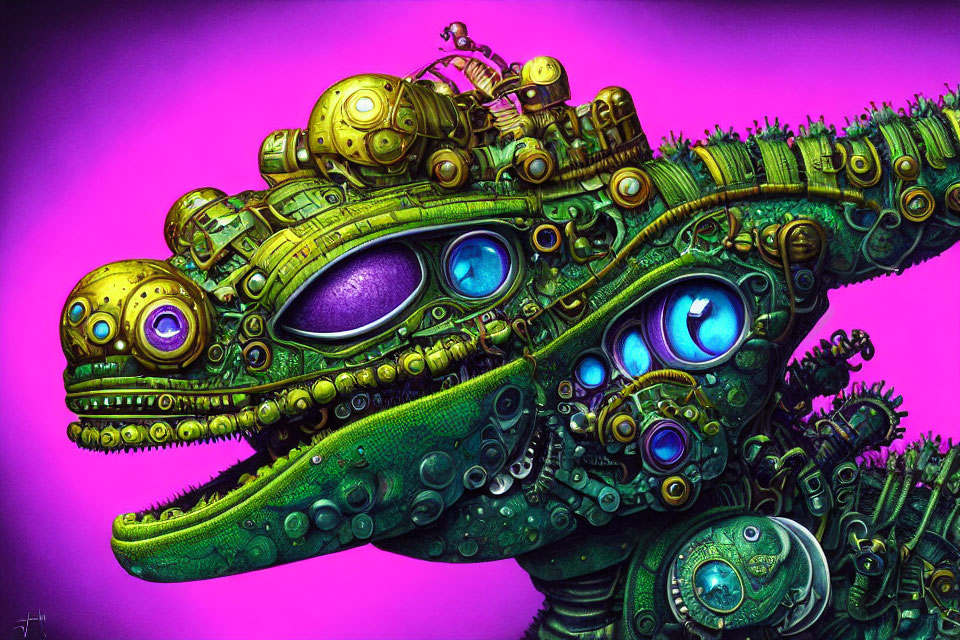 Vibrant Illustration of Mechanized Reptilian Creature on Purple Background