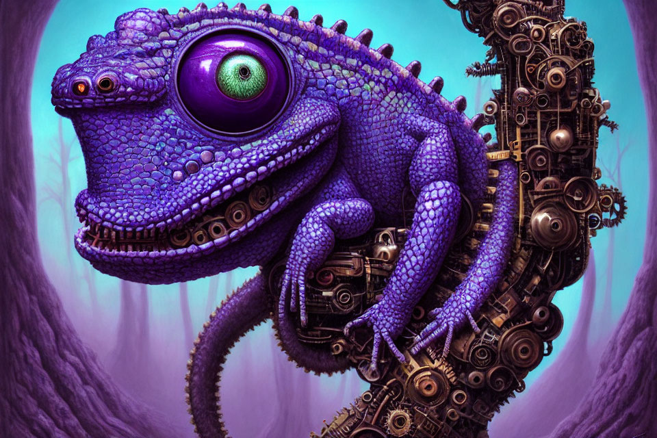 Purple Mechanical Chameleon with Green Eye and Gears on Violet Background