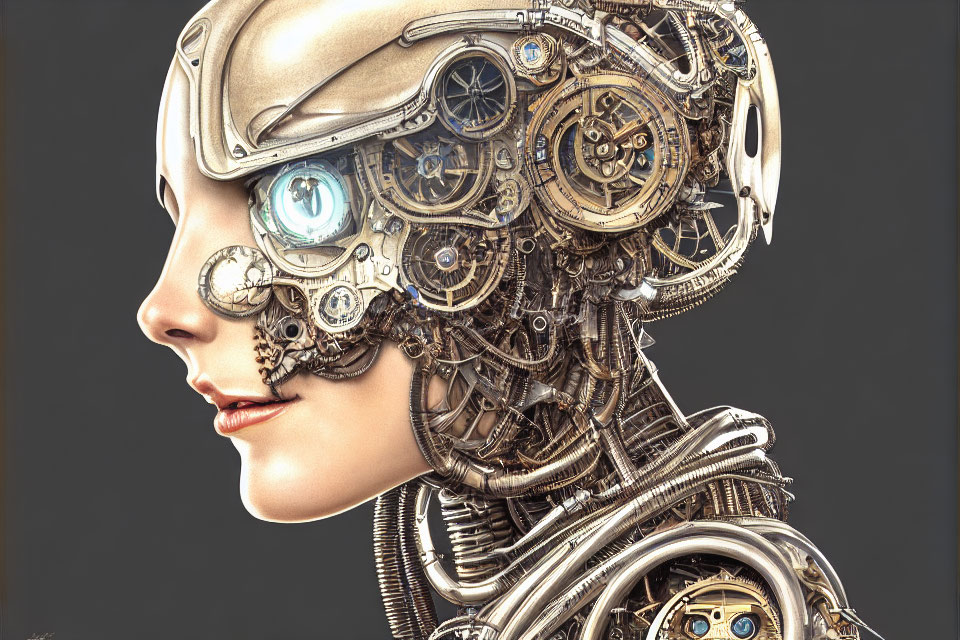 Detailed Portrait of Humanoid Robot with Intricate Mechanical Components