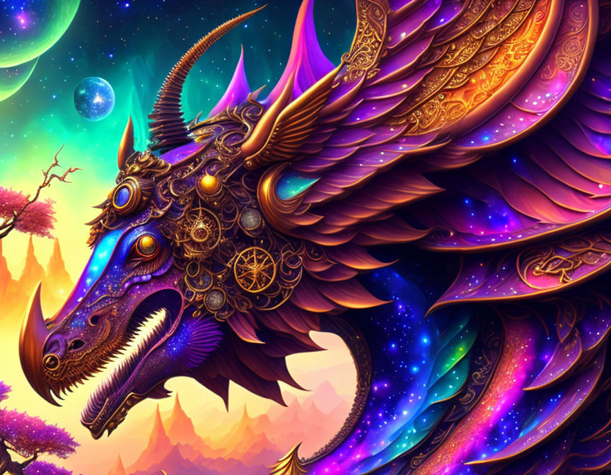 Colorful Dragon with Gear-like Decorations in Cosmic Landscape