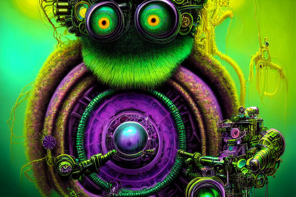 Colorful digital artwork: Whimsical mechanical creature with multiple eyes on green backdrop