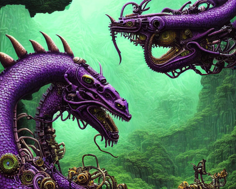 Purple mechanical dragons in misty forest with intricate gears