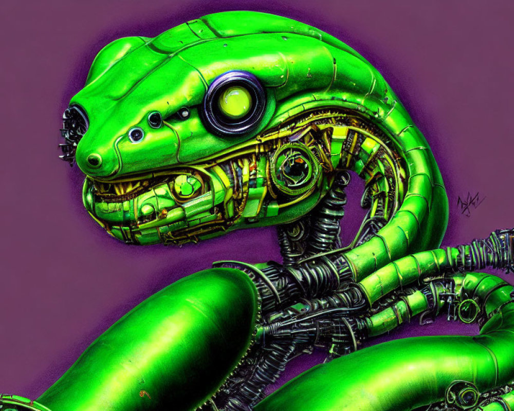 Detailed illustration of green robotic snake with large eye on purple background