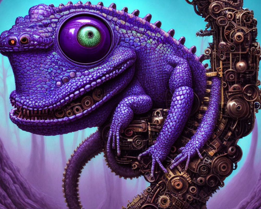 Purple Mechanical Chameleon with Green Eye and Gears on Violet Background