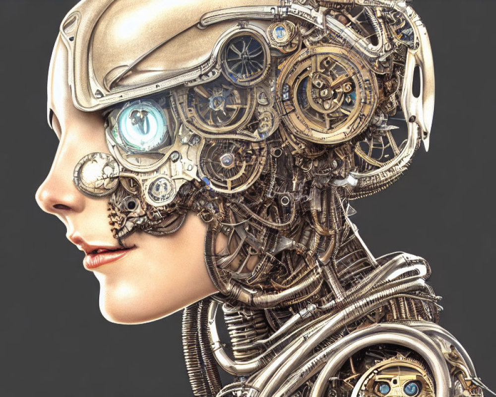 Detailed Portrait of Humanoid Robot with Intricate Mechanical Components