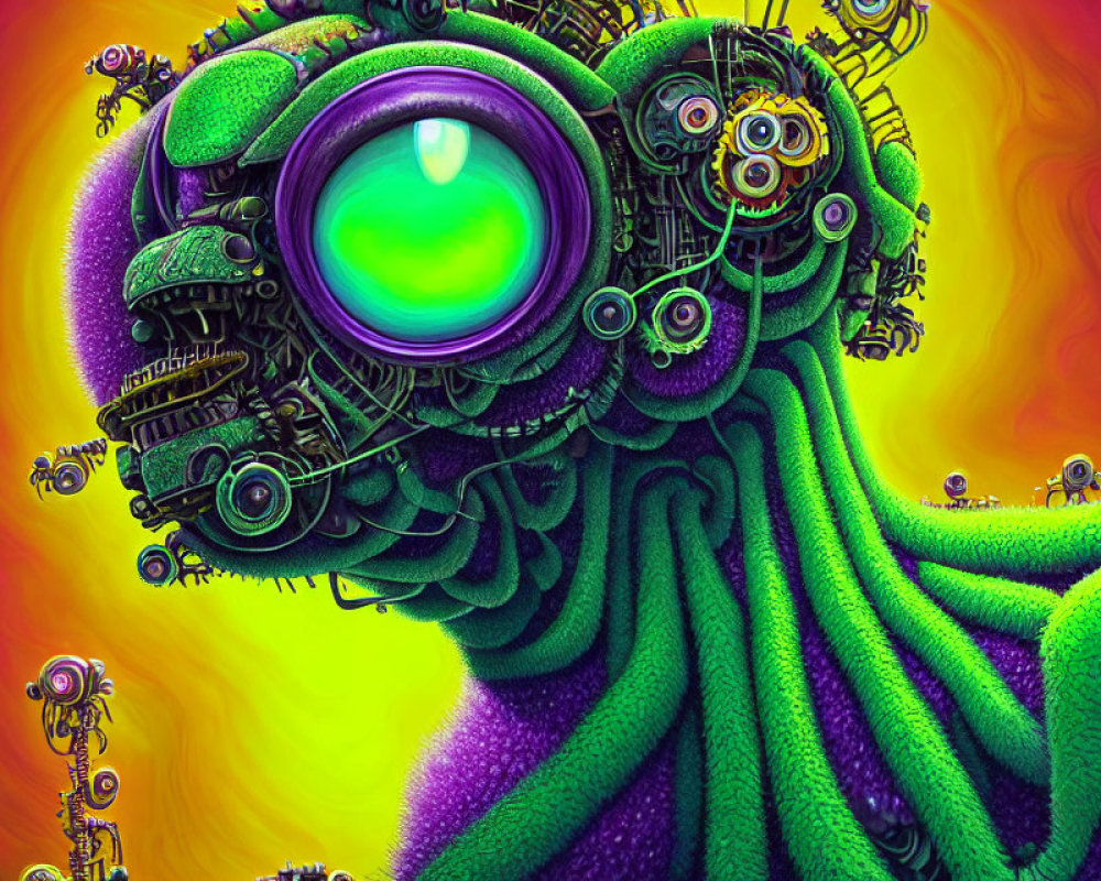 Colorful digital artwork: mechanical, cyclopean entity amidst intricate gears on swirling yellow and red backdrop