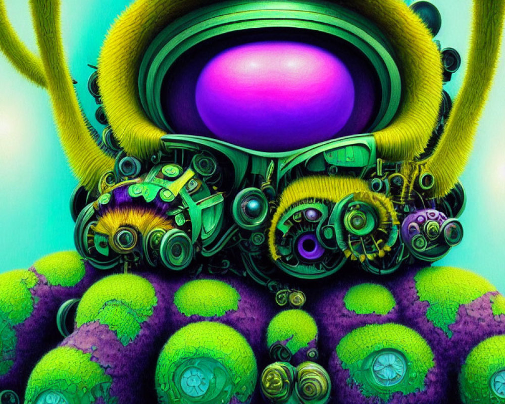 Colorful Creature with Pink-Eyed Helmet and Yellow Arms on Vibrant Green Gears Background
