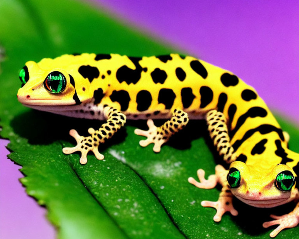 Colorful Spotted Gecko with Green Eyes on Purple Background