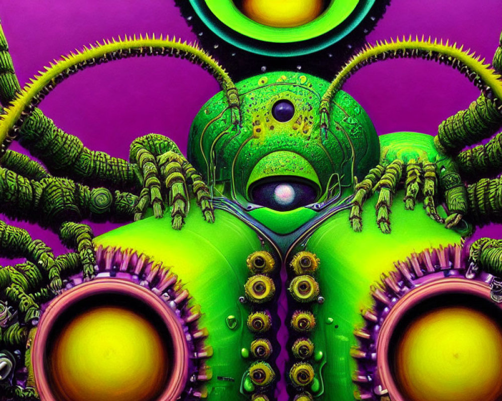 Colorful digital artwork: green mechanical creature with tentacles on purple background