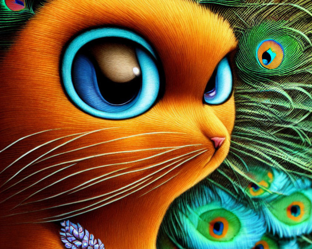 Colorful illustration: Orange creature with blue eyes and peacock feathers