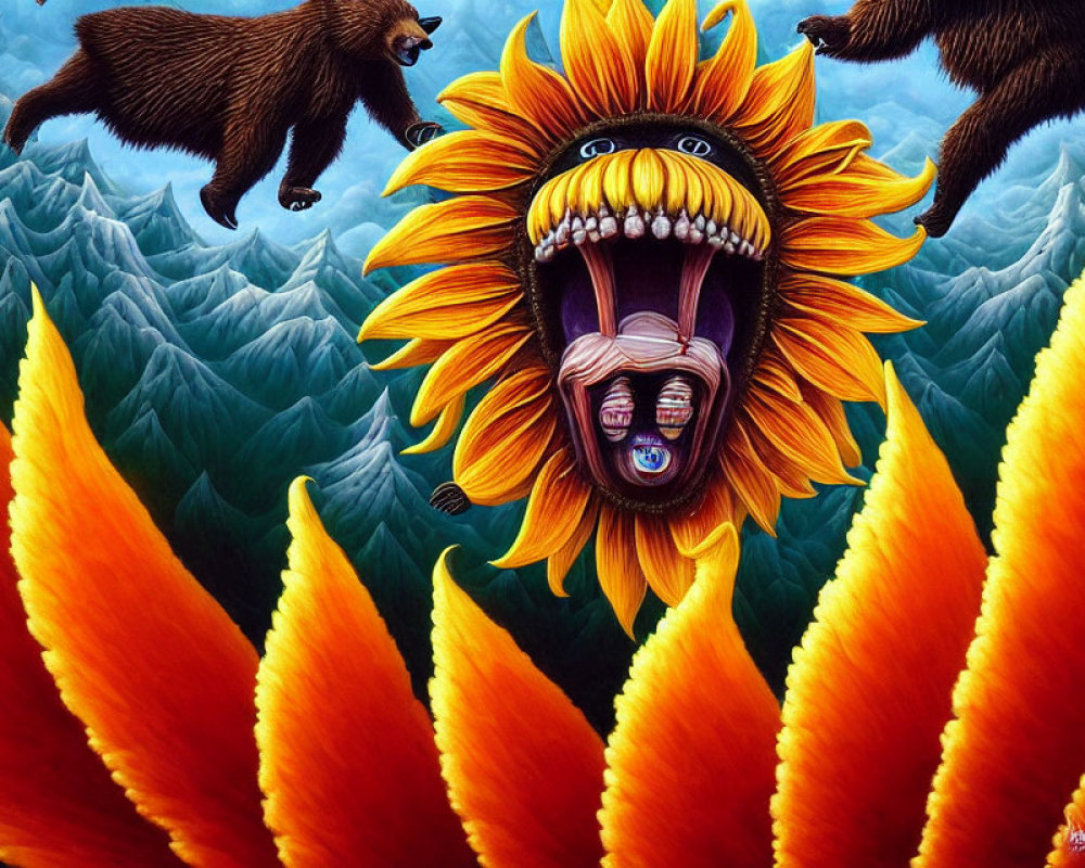 Colorful anthropomorphic sunflower with bears and bees in forested hills