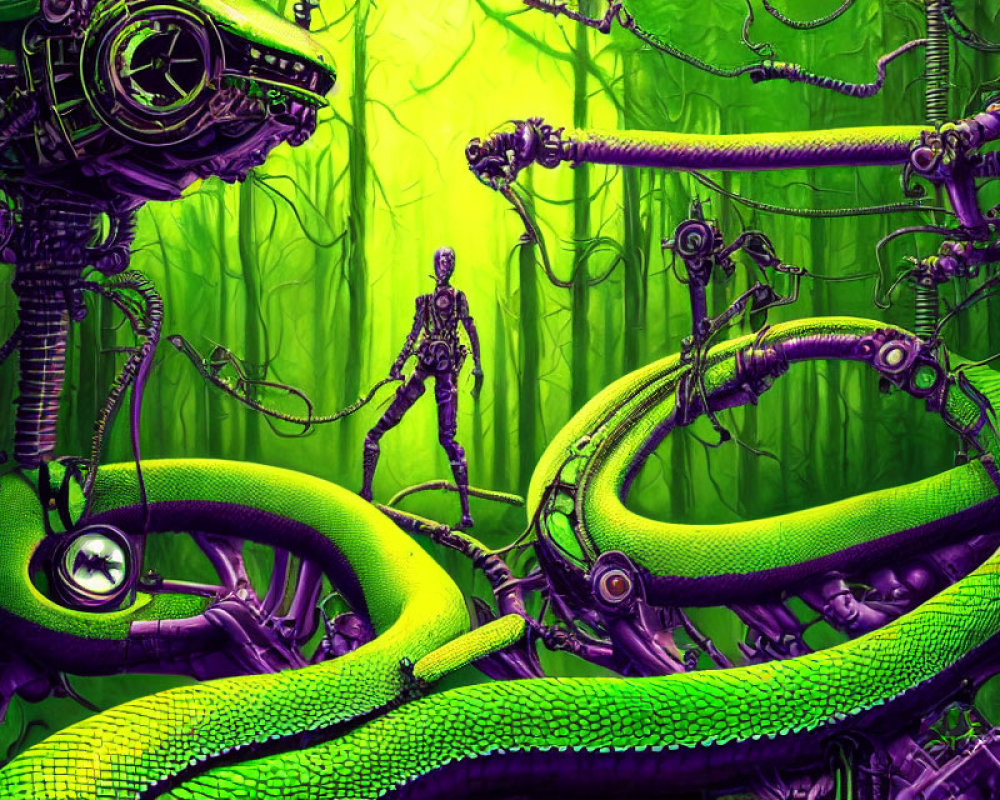 Robotic humanoid among green serpentine robots in jungle setting