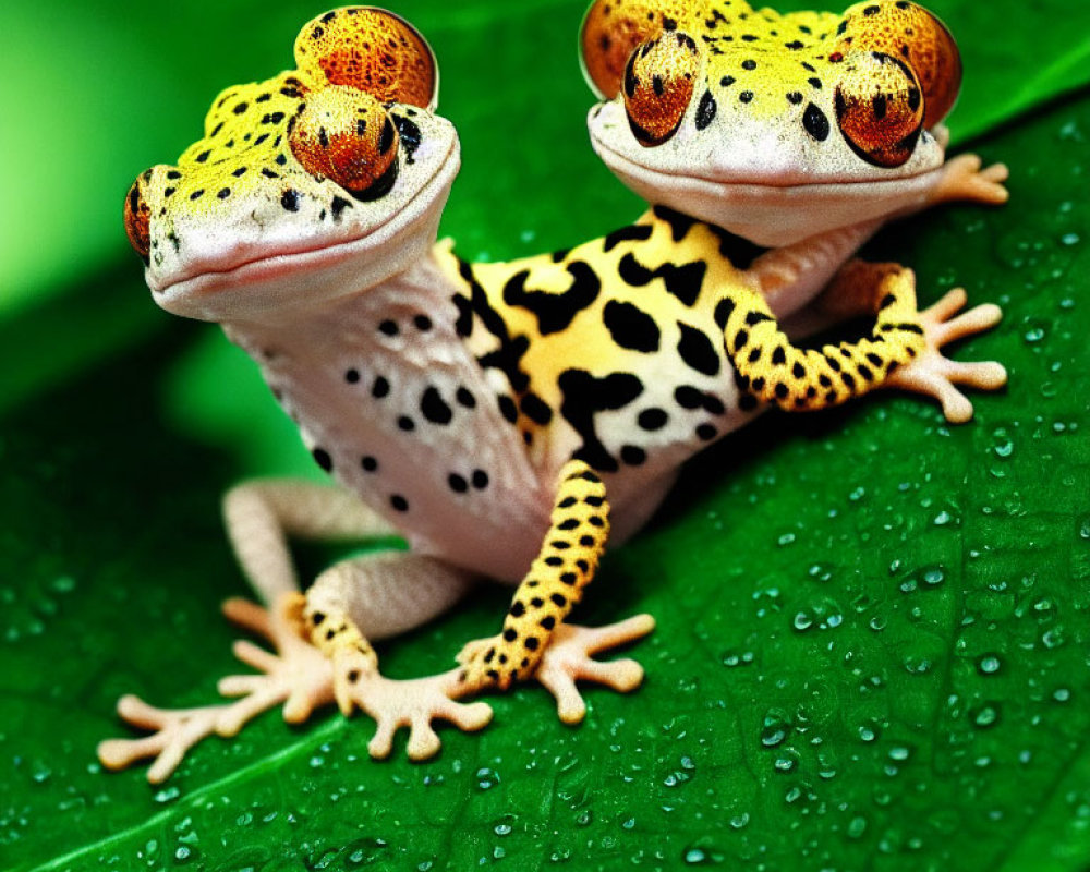 Yellow and Black Spotted Geckos with Orange Eyes on Dewy Green Leaf