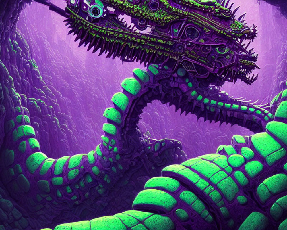 Vivid Purple and Green Mechanical Dragon in Mystical Setting