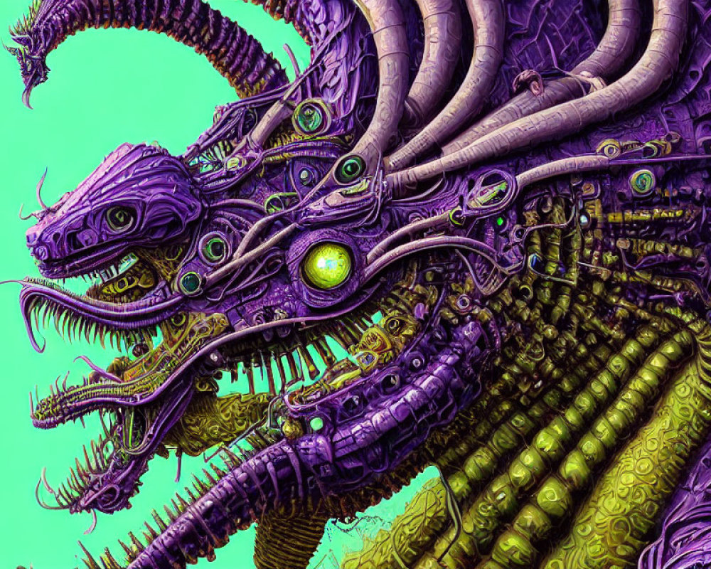 Detailed digital artwork: Multi-headed dragon with intricate scales and horns on green background