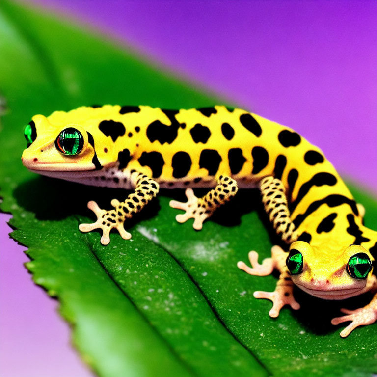 Colorful Spotted Gecko with Green Eyes on Purple Background