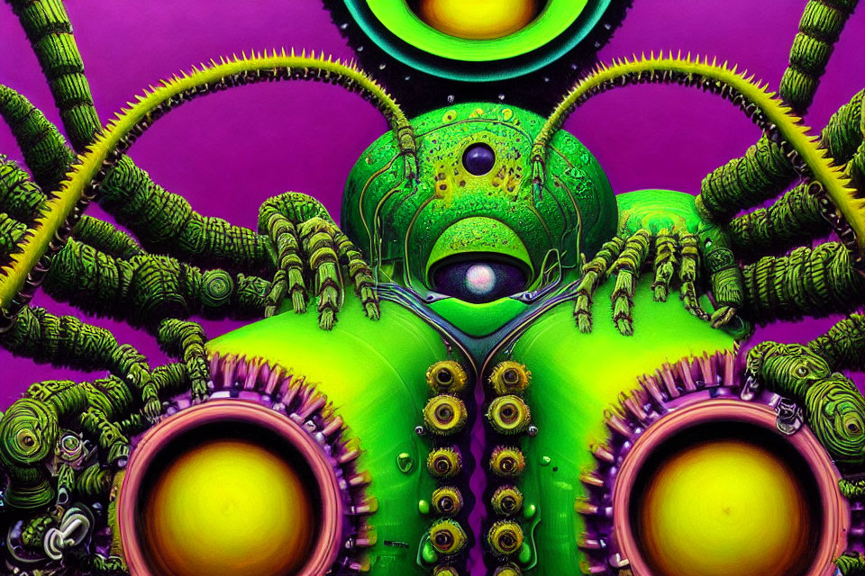 Colorful digital artwork: green mechanical creature with tentacles on purple background