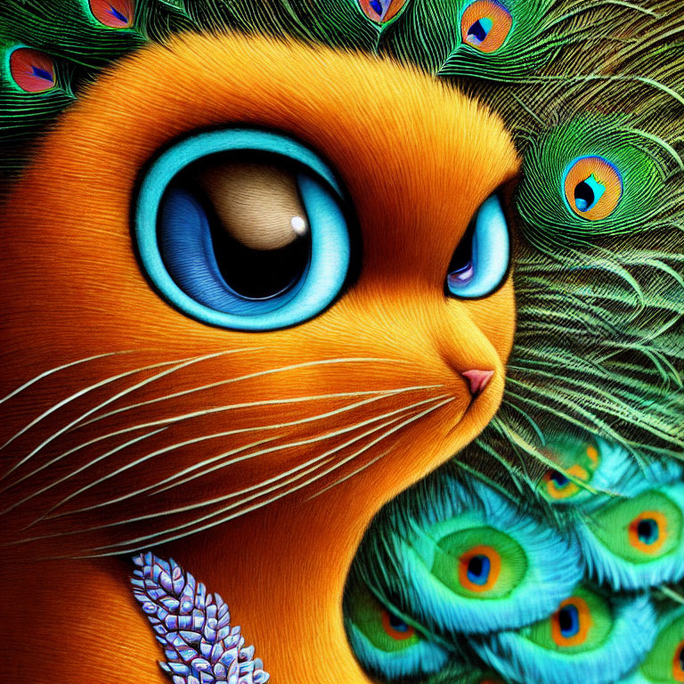 Colorful illustration: Orange creature with blue eyes and peacock feathers