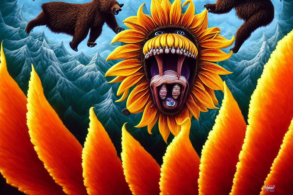 Colorful anthropomorphic sunflower with bears and bees in forested hills