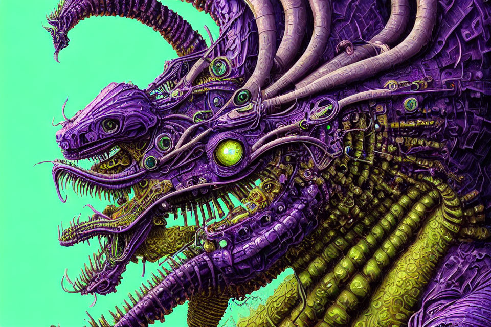 Detailed digital artwork: Multi-headed dragon with intricate scales and horns on green background