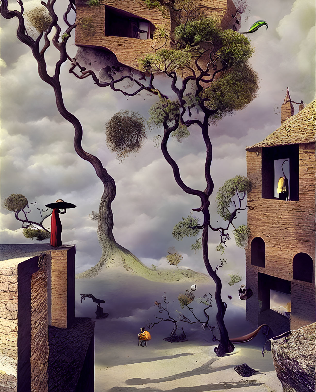 Surrealist artwork: Twisted trees, floating island-houses, red cloaked figure, whims