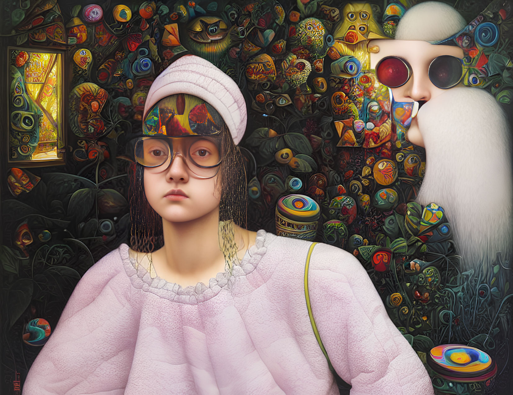Colorful Surreal Artwork: Young Girl with Glasses and Eye-Covered Entities
