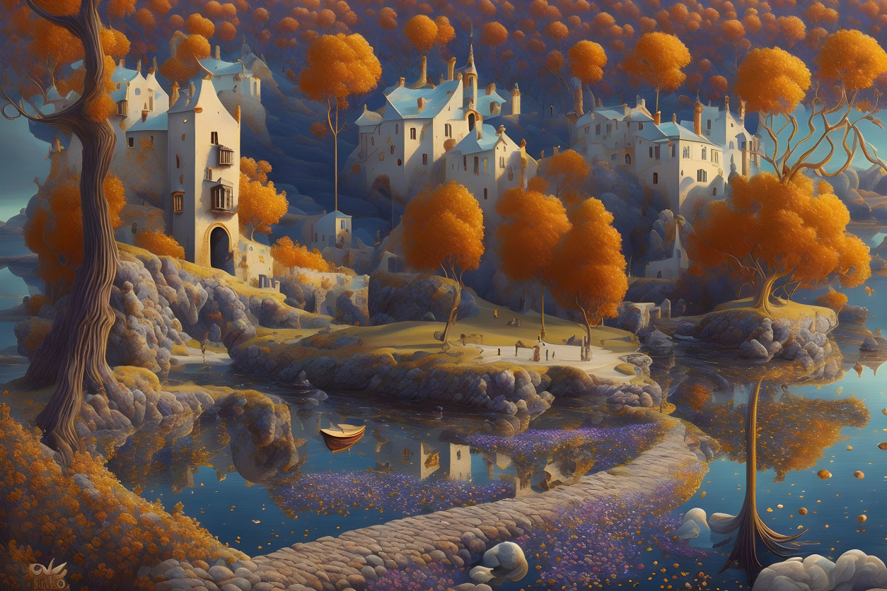 Autumnal landscape with castle, river, boat, and cobblestone path