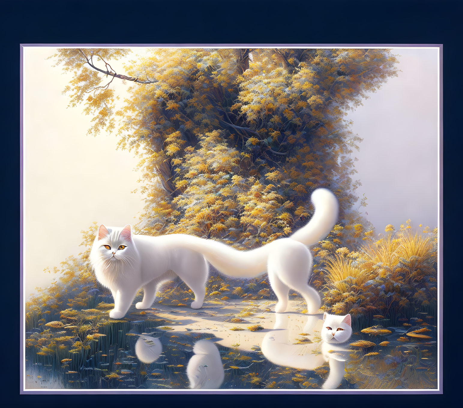 White Long-Bodied Cat with Blue Eyes in Mystical Forest Scene