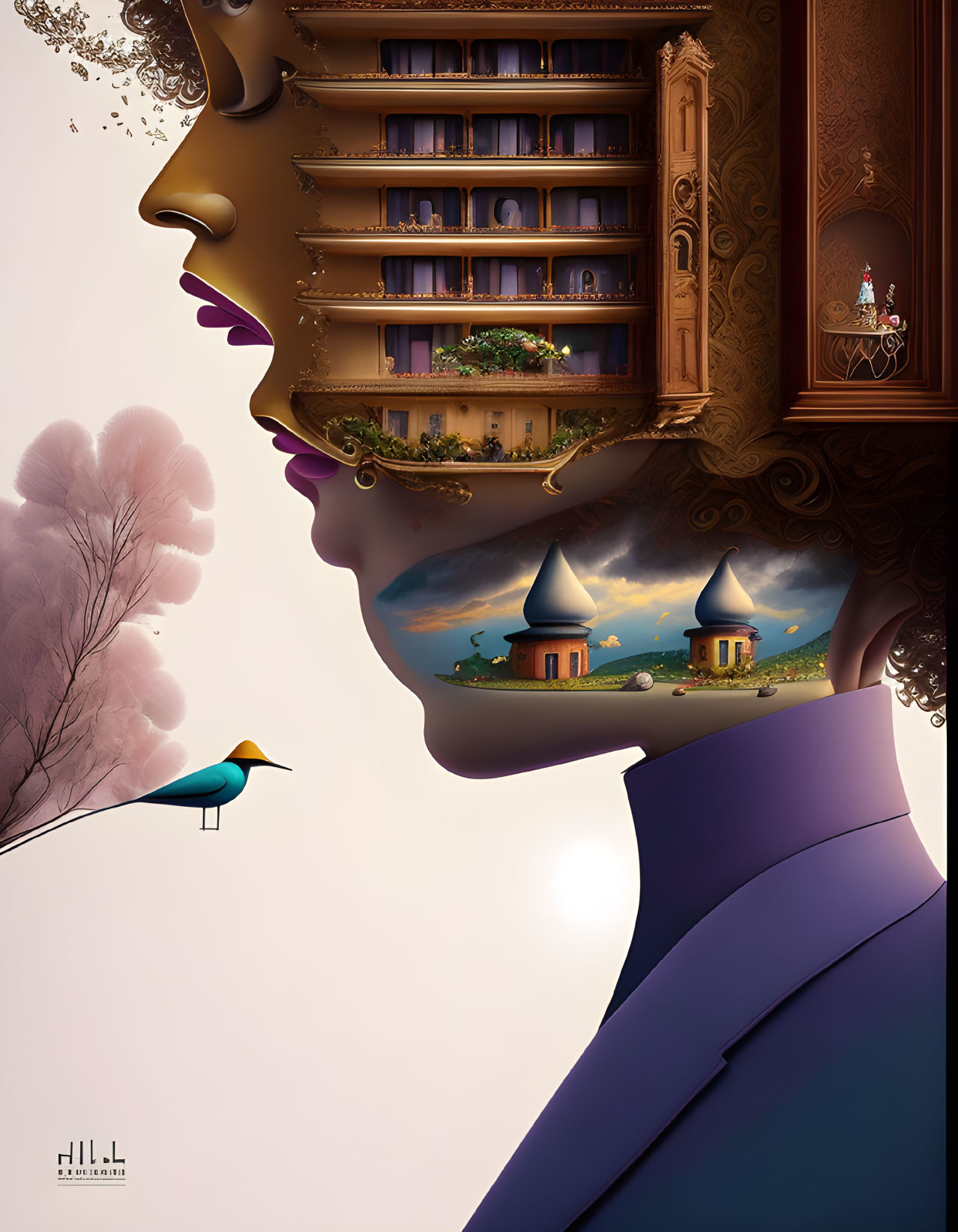 Surreal landscape and woman's profile with bookcase, castles, and bird