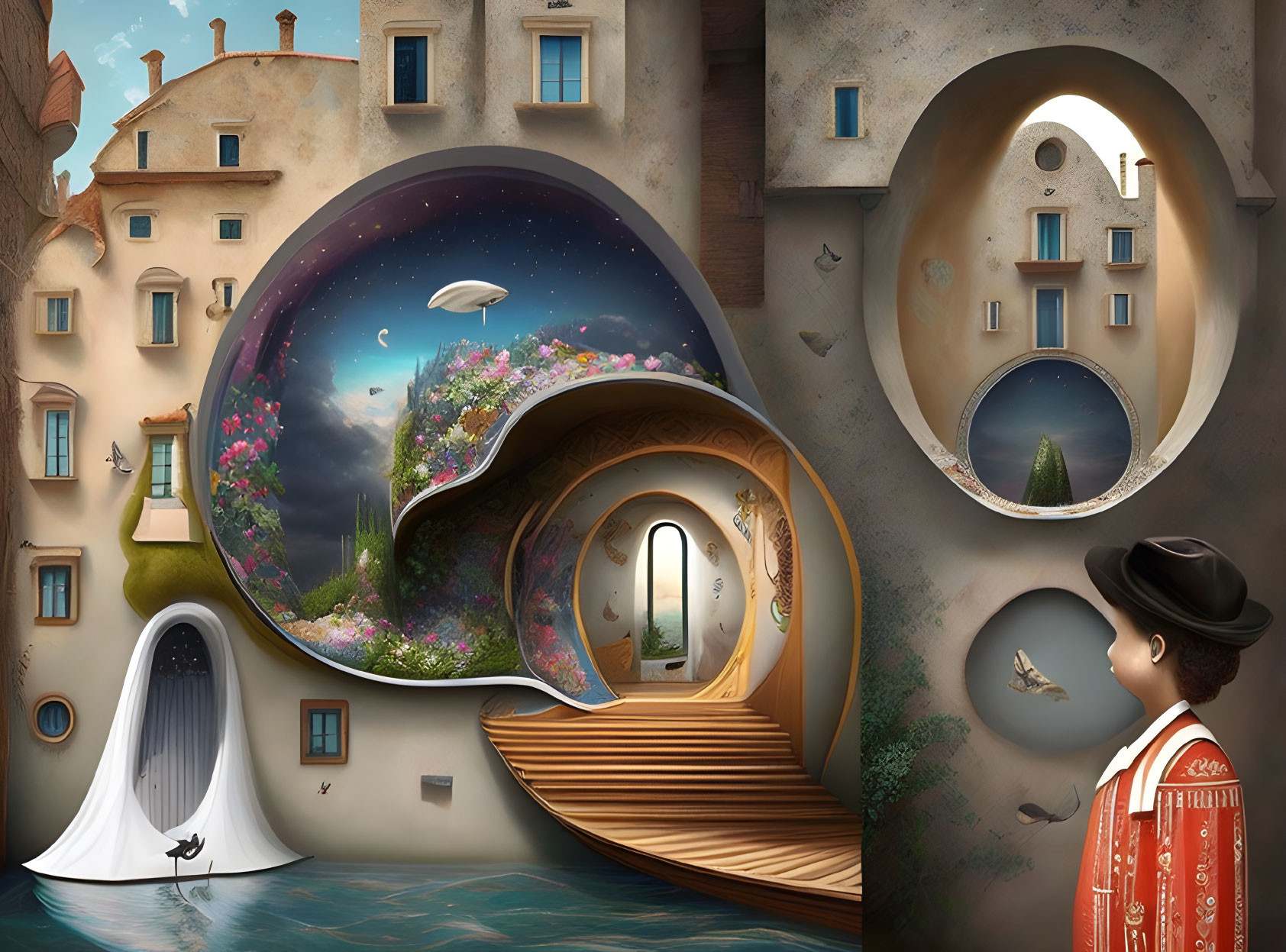 Surreal artwork: Person, snail-shaped house, vibrant flowers, whimsical buildings, tranquil