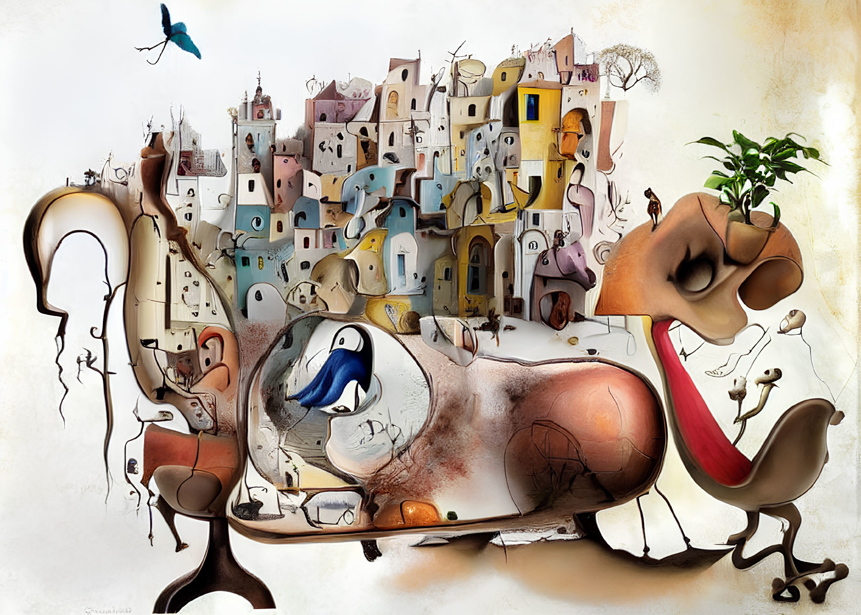Abstract surreal artwork: fluid townscape with pastel buildings merging into whimsical animal-like shapes on off