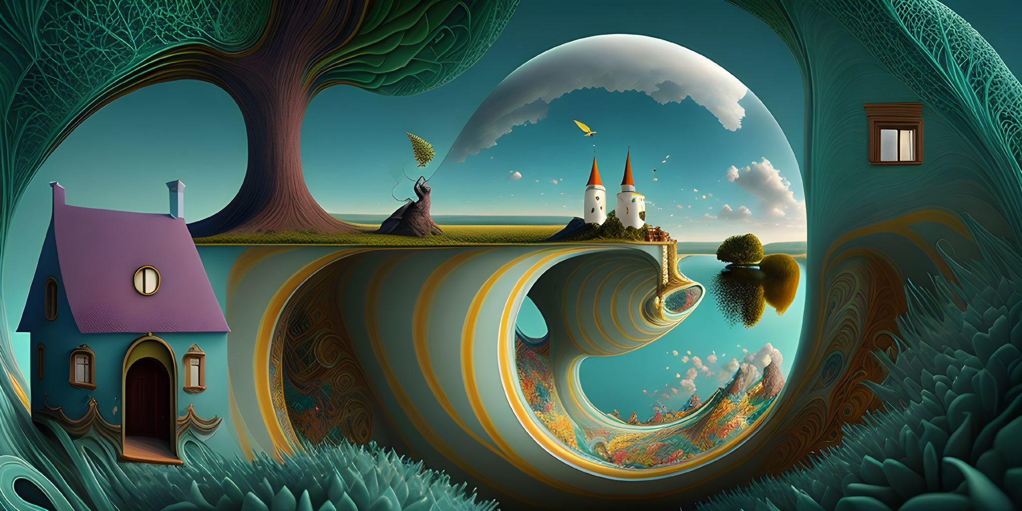 Vibrant surreal landscape with houses, trees, and castle under circular sky