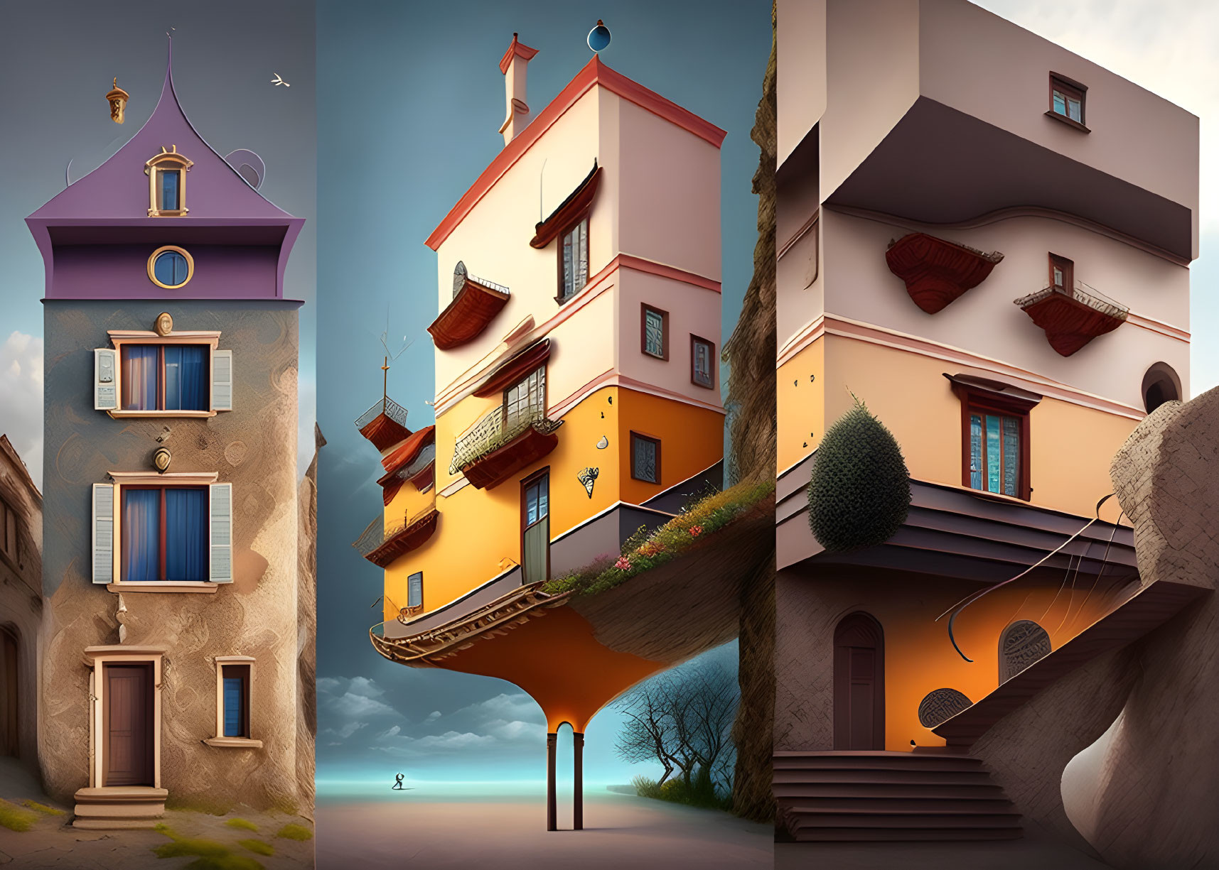Colorful Whimsical Houses Triptych with Surreal Architecture