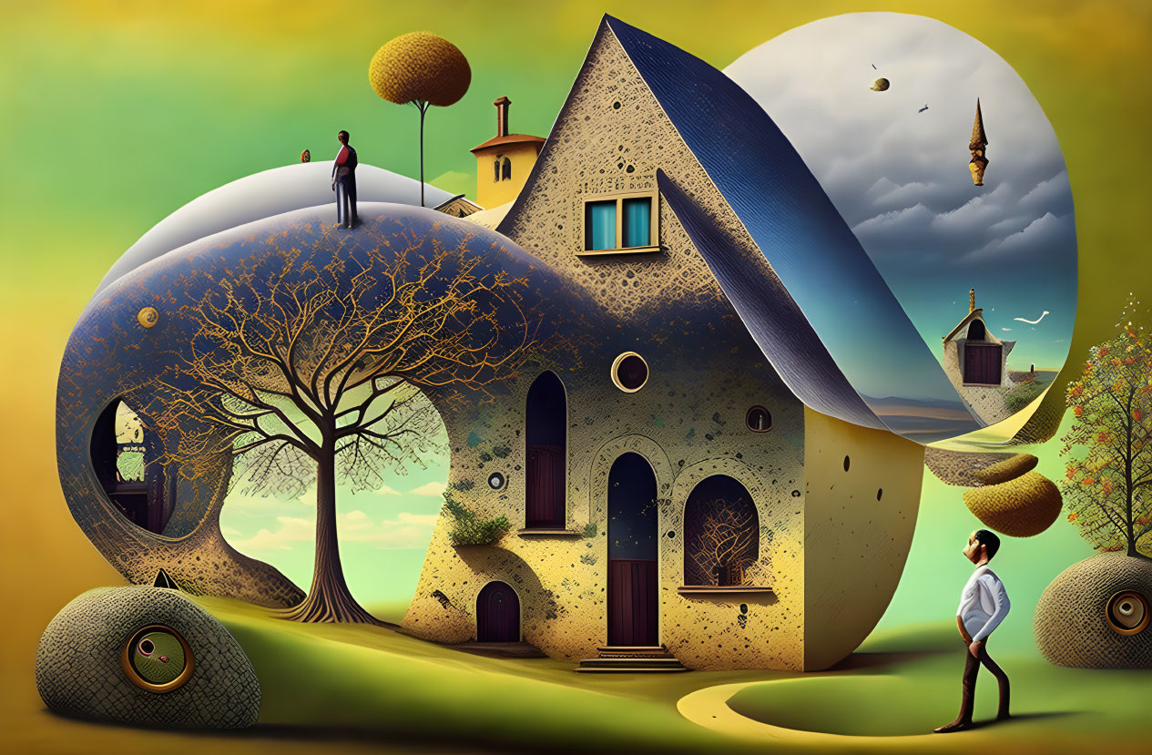 Surreal Art: Man on Hilltop, Curved House, Bare Tree, Rolling Landscape