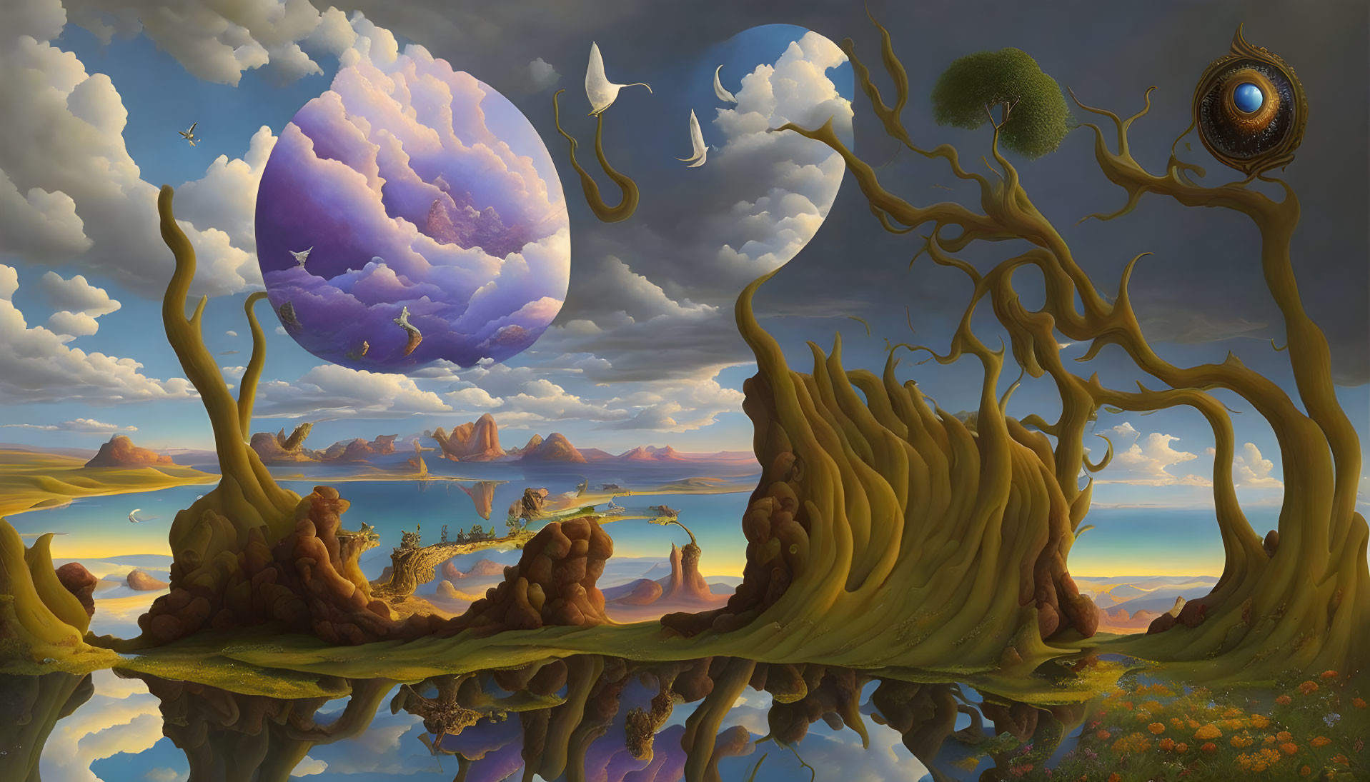 Whimsical surreal landscape with floating islands and fantastical elements