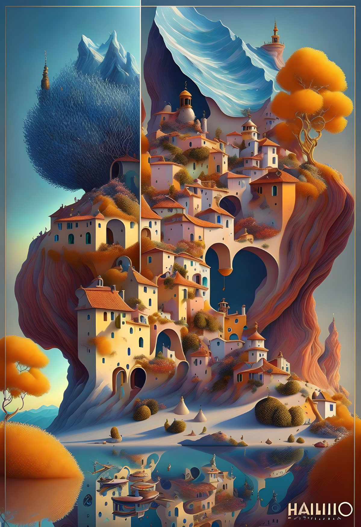 Colorful Illustration of Fantastical Village in Nature