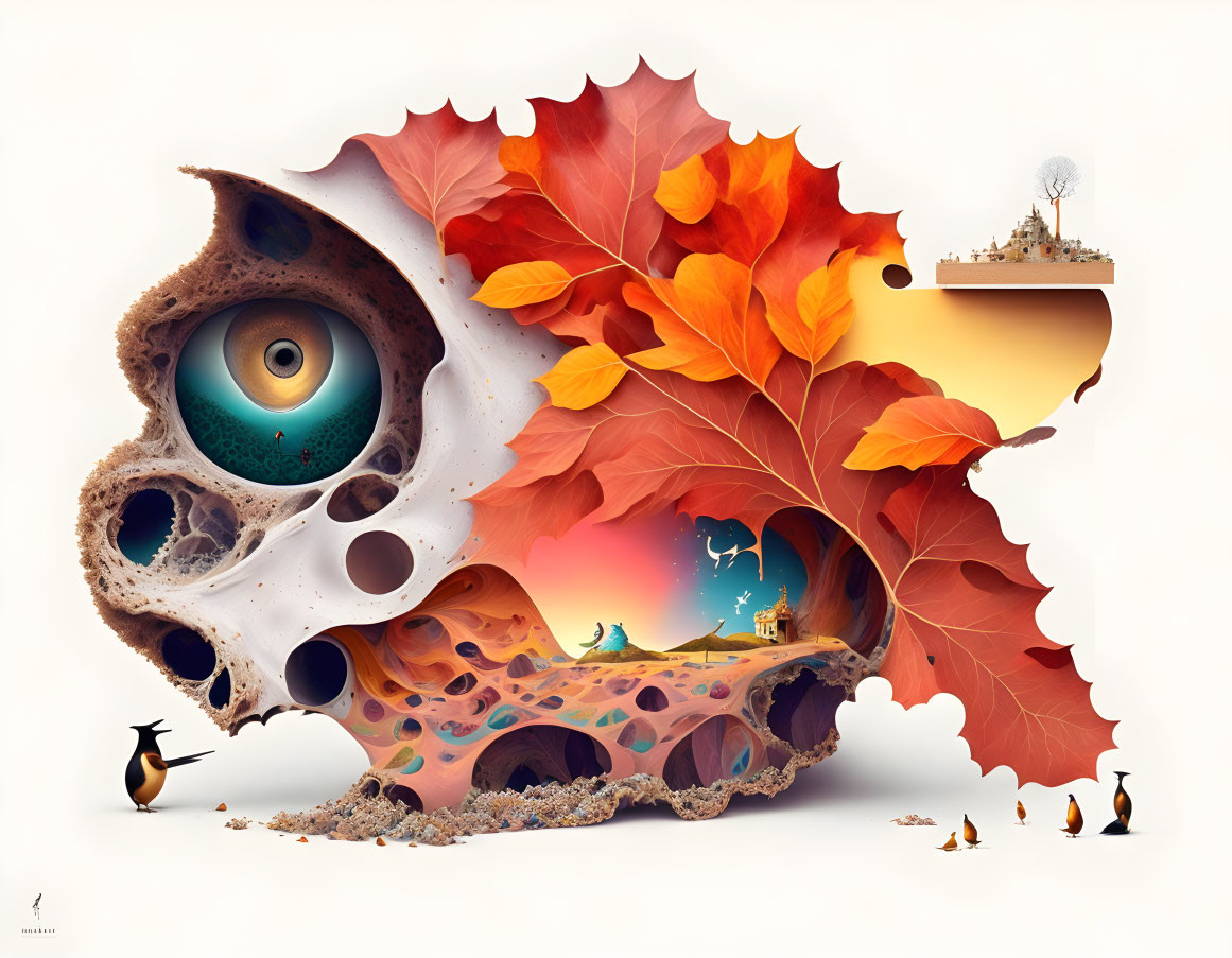 Surreal artwork featuring eye, autumn leaves, human figure, penguins, and floating islands