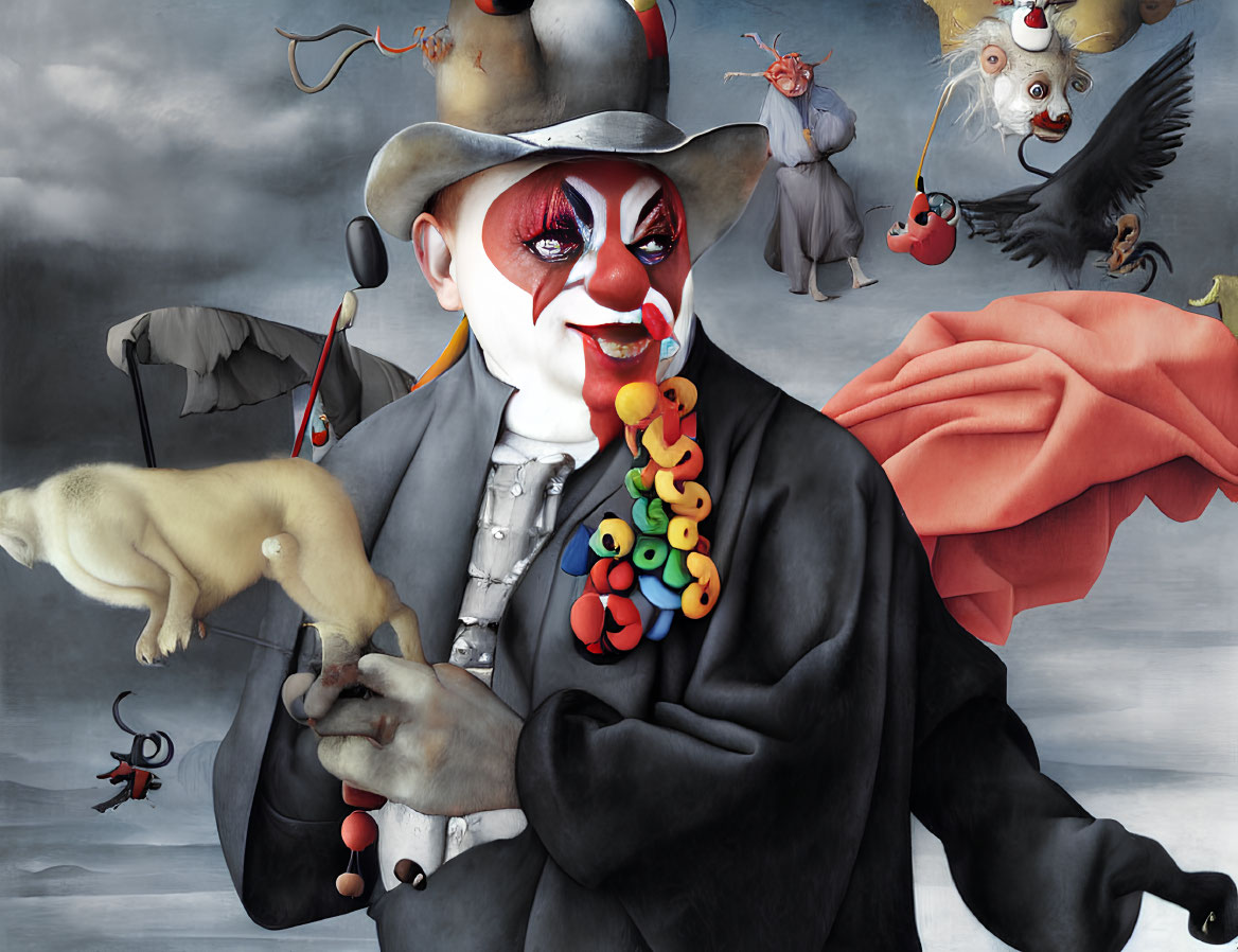 Surreal painting of clown with vivid makeup and colorful objects in dreamlike scene