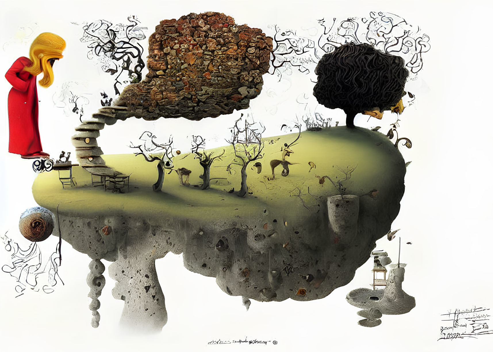 Surreal Artwork: Floating Island, Stylized Trees, Exaggerated Human Figures,