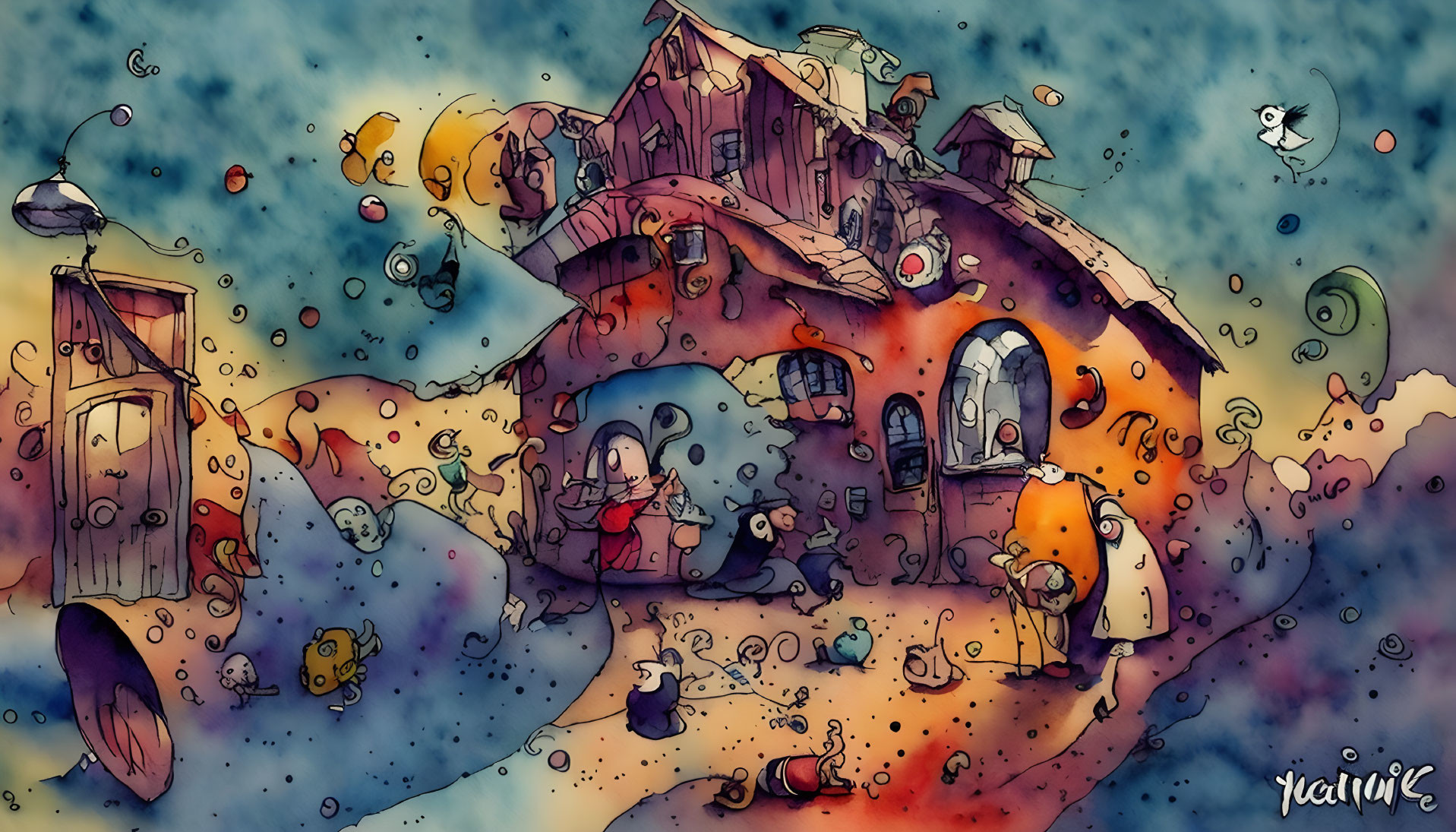 Colorful fantasy illustration with eccentric house, air balloons, and quirky creatures