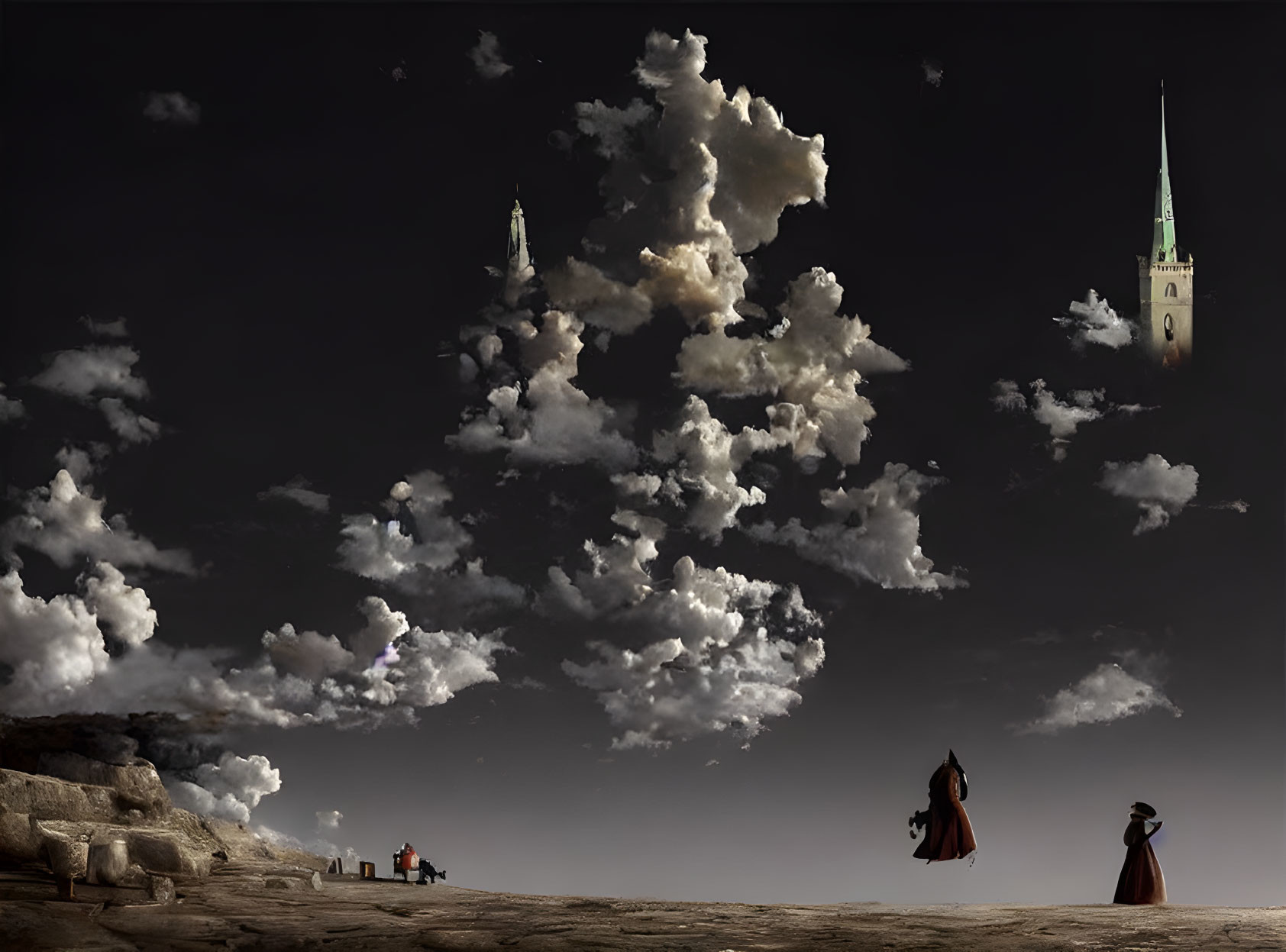 Surreal landscape: cloudy sky, church spires as clouds, period-dressed people, rocky